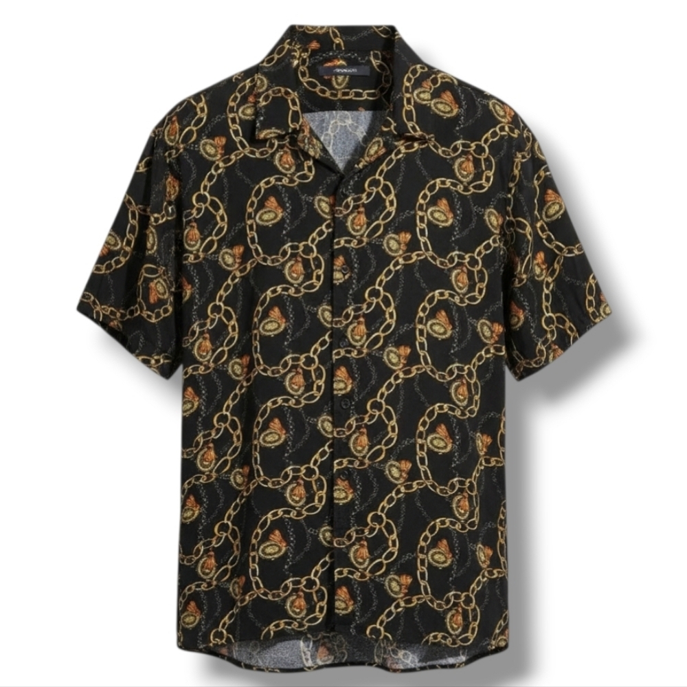 Nova Men men's multicolor gold chains short sleeves button-down shirt